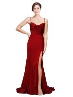 Affordable Cowl Front Neck Sweep Train Stretch Satin Prom Dresses UK with High Side Split