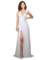 Affordable Halter Plunge V-Neckline Chiffon Beach Wedding Dress UK with High Leg Split