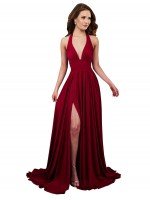 Affordable A-Line Halter Plunge V-Neckline Open Back Formal Spandex Bridesmaid Dress / Prom Dress UK with Slit