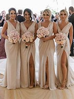 Affordable Chiffon Long Champagne Bridesmaid Dresses UK with Sexy High Slit and Front Ruffles