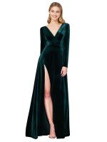 Affordable Deep V-Neck Long Sleeves Formal Velvet Bridesmaid Dress UK / Prom Dress UK with High Side Split