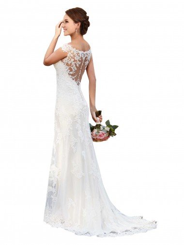 Affordable Illusion Bateau Neckline Fit and Flare Lace Wedding Dress UK