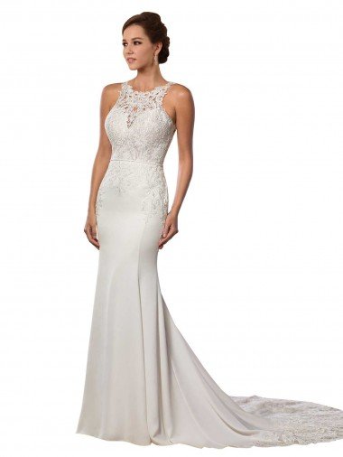 Affordable Modern Deep V-Neck Sheath Lace Wedding Dress with Open V-Back UK