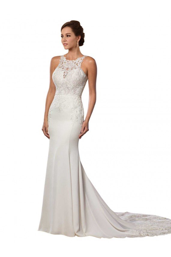 Affordable Modern Deep V-Neck Sheath Lace Wedding Dress with Open V-Back UK