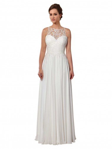 Affordable Illusion Neck A-Line Chiffon Beach Wedding Dress with Lace Halter Neckline UK