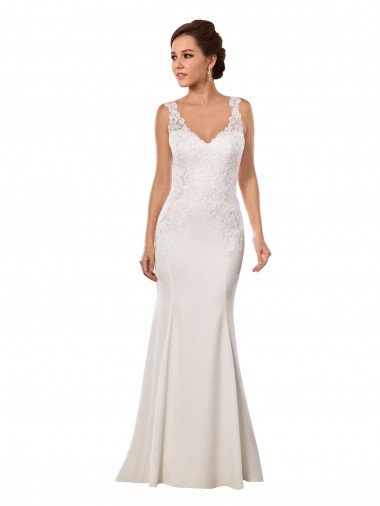 Affordable V-Neck Mermaid Crepe Wedding Dress with Lace Bodice UK