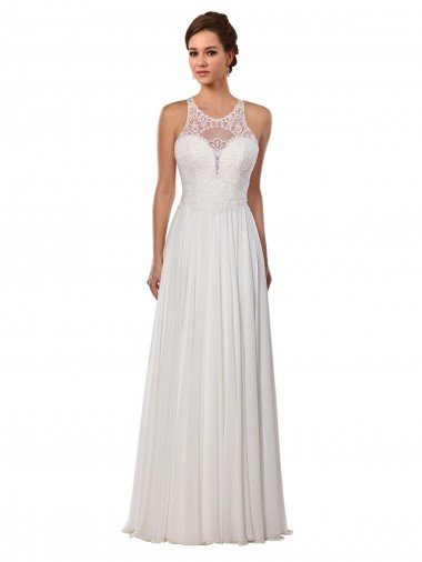 Affordable Illusion Neck A-Line Lace and Chiffon Beach Wedding Dress UK