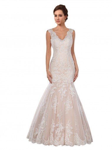 Affordable Classic Fit and Flare V-Neck Mermaid Lace Wedding Dress UK