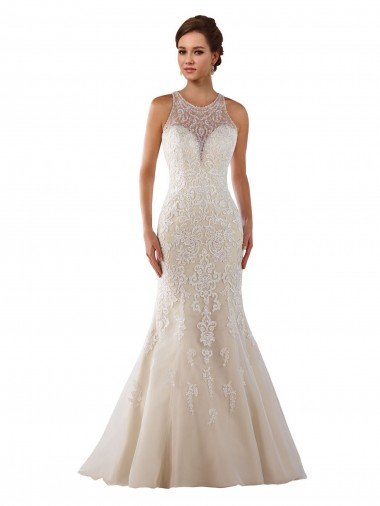 Affordable High Neck Mermaid Lace Wedding Dress with Illusion Back UK