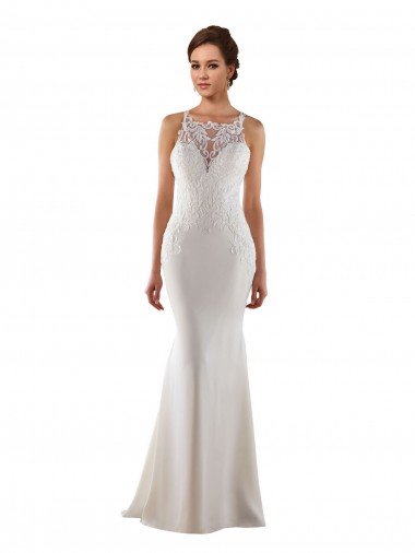 Affordable Modern High Neck Sheath Wedding Dress with Lace Bodice UK