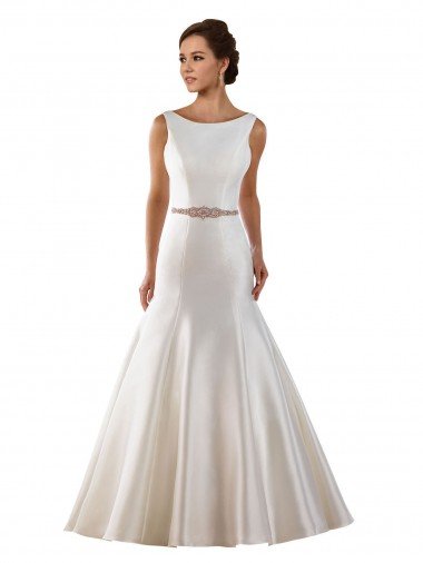 Affordable Modern Boat Neck Mermaid Satin Wedding Dress with Deep V-Back UK