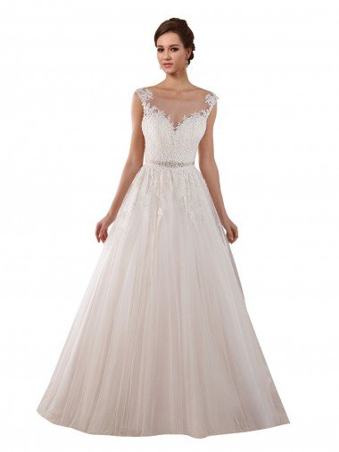 Affordable Illusion Sweetheart Neck Ball Gown Tulle Wedding Dress with Lace Bodice UK