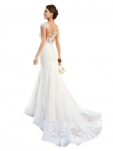 Affordable Fit and Flare Illusion Neck Lace Wedding Dress UK