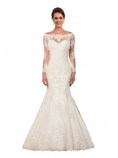 Affordable Long Sleeves Mermaid Lace Wedding Dress with Illusion Back UK