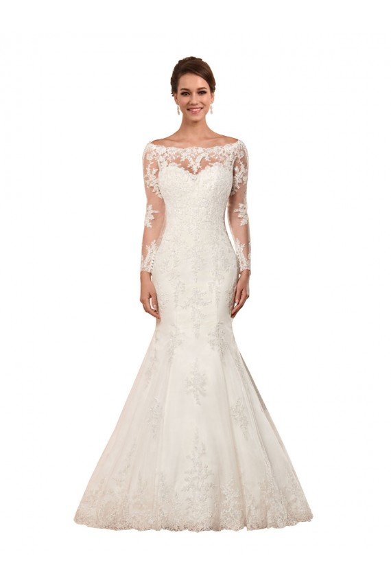 Affordable Long Sleeves Mermaid Lace Wedding Dress with Illusion Back UK