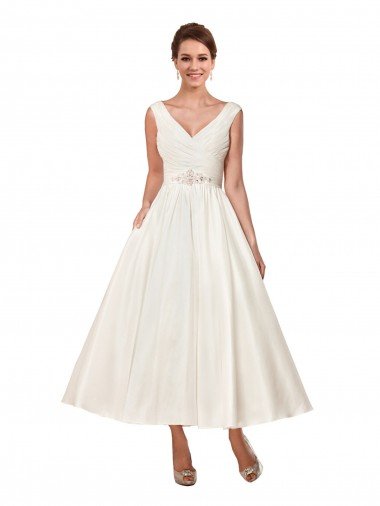 Affordable V-Neck A-Line Short Ankle Length Satin Wedding Dress UK