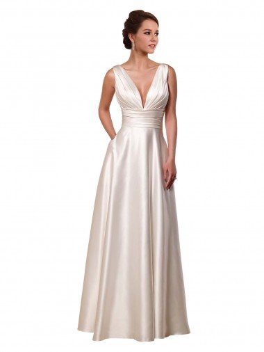 Affordable Deep V-Neck A-Line Satin Wedding Dress with Pockets UK