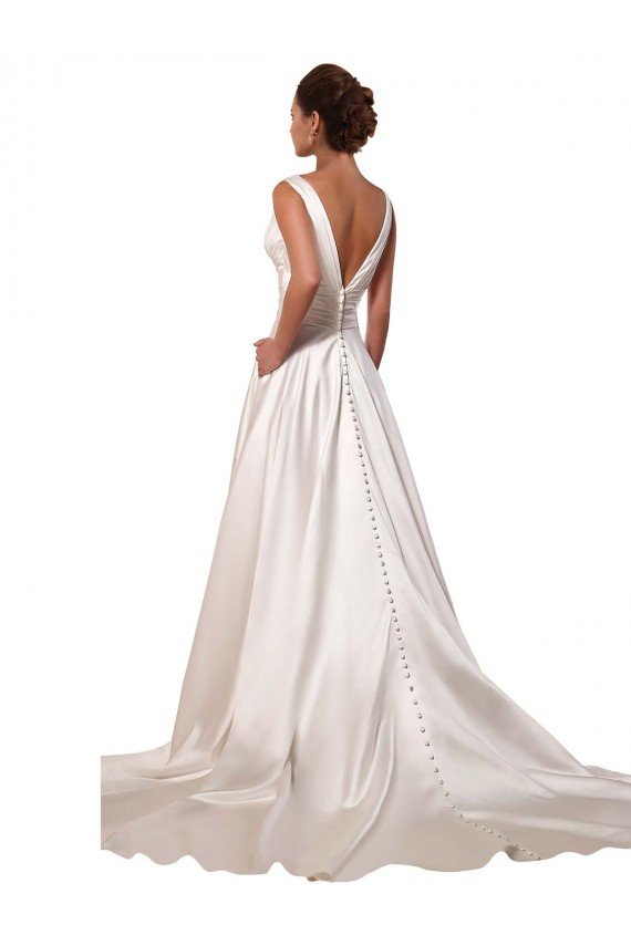 Affordable Deep V-Neck A-Line Satin Wedding Dress with Pockets UK