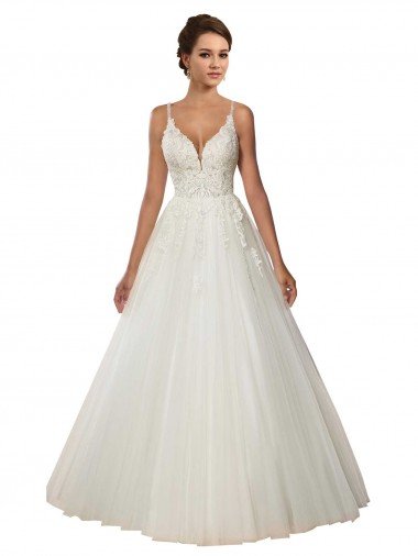 Affordable Modern Spaghetti Straps Ball Gown Tulle Wedding Dress with Lace Bodice UK