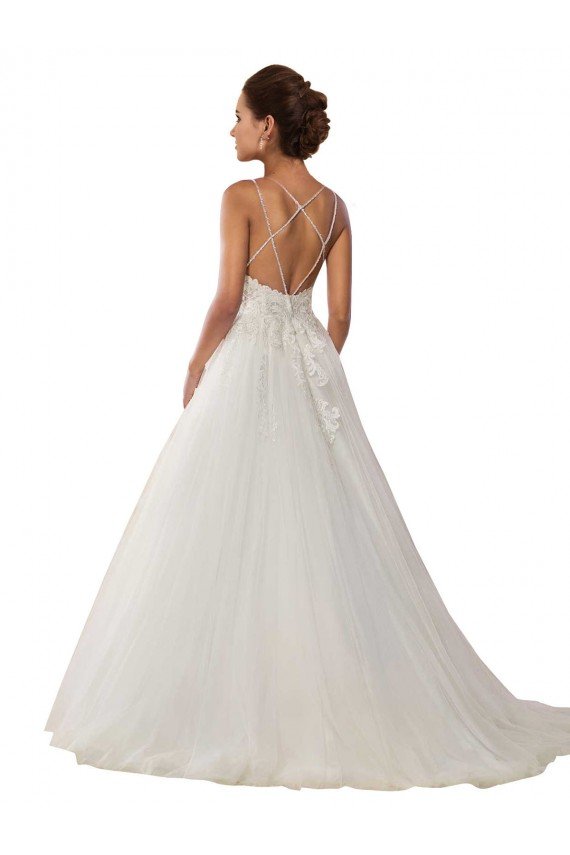 Affordable Modern Spaghetti Straps Ball Gown Tulle Wedding Dress with Lace Bodice UK