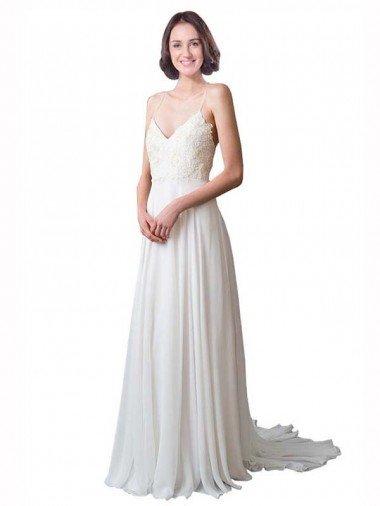 Affordable Spaghetti Straps V-Neck A-Line Chiffon Beach Wedding Dress UK