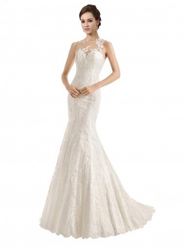 Affordable Illusion Neck Mermaid All Over Lace Wedding Dress UK