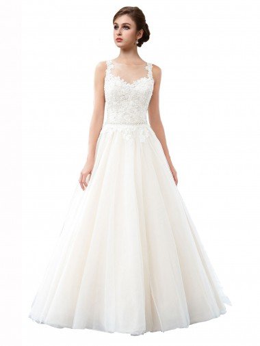 Affordable Illusion Neck A-Line Tulle Beach Wedding Dress with Lace Bodice UK