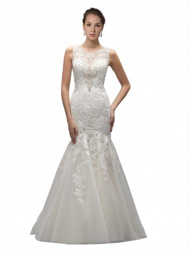 Affordable Illusion High Neck Mermaid Lace Wedding Dress UK