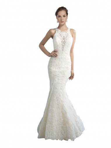 Affordable Deep Illusion Neck Mermaid Tulle Beach Wedding Dress with All Over Lace UK