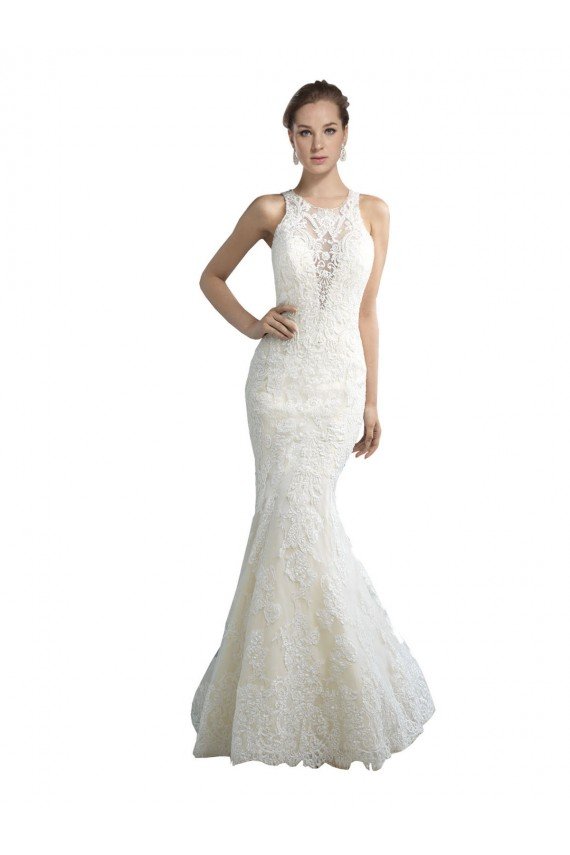 Affordable Deep Illusion Neck Mermaid Tulle Beach Wedding Dress with All Over Lace UK