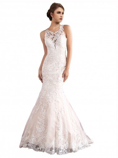 Affordable Illusion Neck Fit and Flare Tulle Wedding Dress with All Over Lace UK