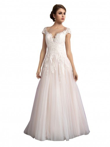 Affordable Illusion Cap Sleeves A-Line Tulle Beach Wedding Dress with Lace Bodice UK