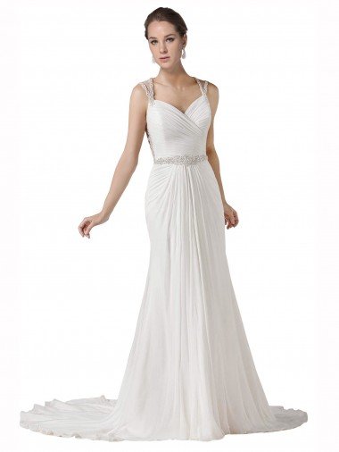 Affordable Sweetheart Sheath Chiffon Beach Wedding Dress with Beaded Belts UK