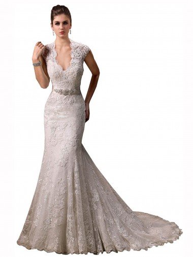 Affordable Halter V-Neck Mermaid Lace Wedding Dress with Keyhole Back UK