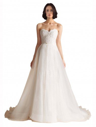 Affordable Strapless Sweetheart Lace Bodice A-Line Organza Wedding Dress UK