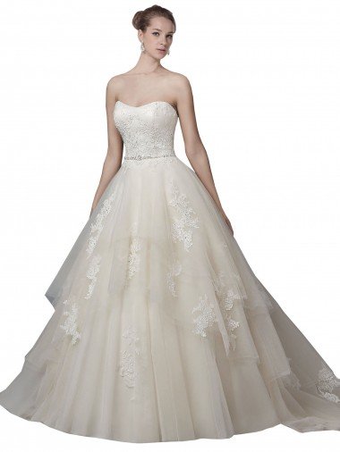 Affordable Strapless Ball Gown Tulle Wedding Dress with Lace Appliques UK