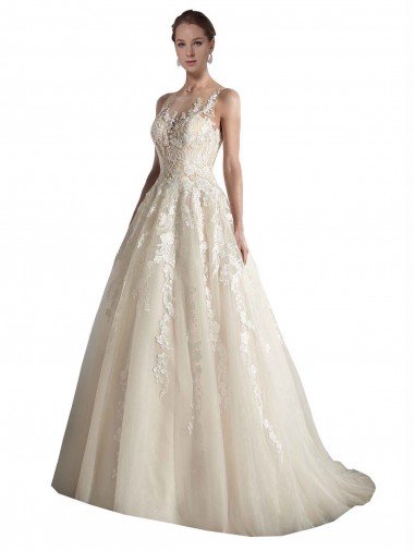 Affordable Illusion Neck A-Line Tulle Wedding Dress UK