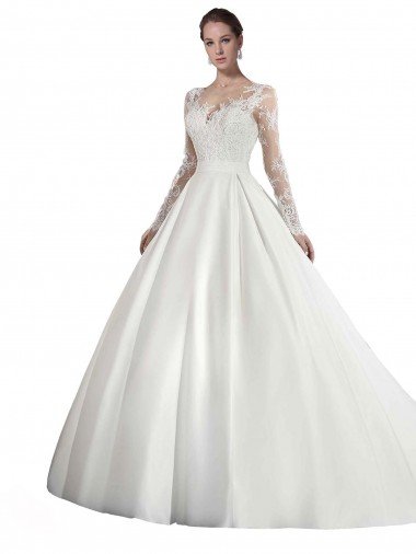 Affordable Long Sleeves Illusion Neck A-Line Satin Wedding Dress with Lace Bodice UK