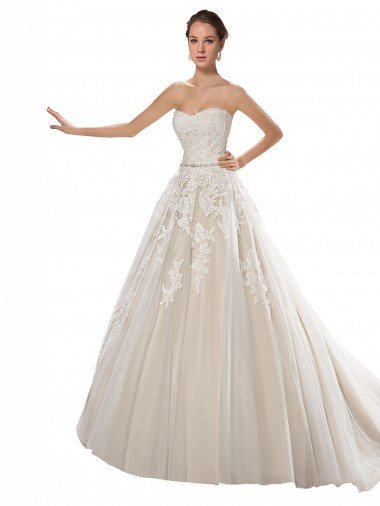 Affordable Strapless Ball Gown Tulle Wedding Dress with Lace Cascades UK