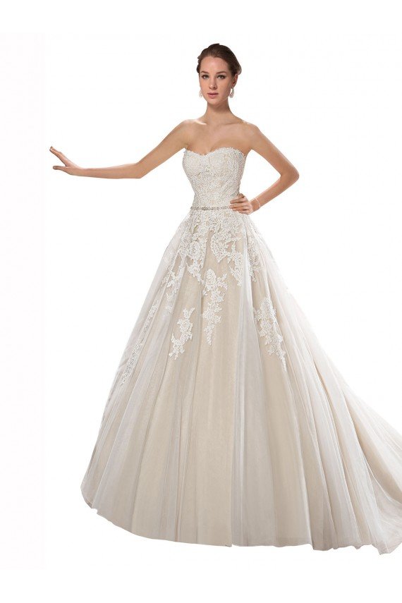 Affordable Strapless Ball Gown Tulle Wedding Dress with Lace Cascades UK