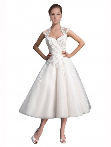 Affordable A-Line Short Tea Length Sweetheart Tulle Lace Beach Wedding Dress UK