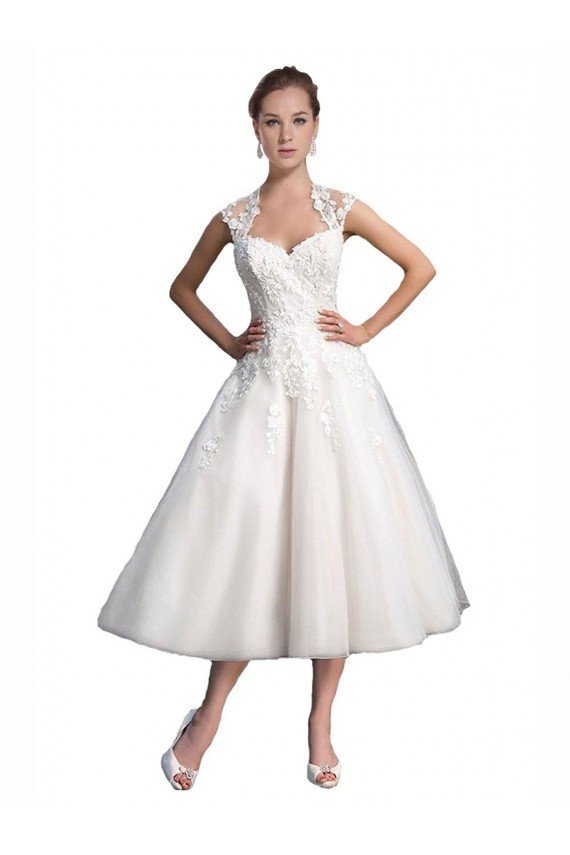 Affordable A-Line Short Tea Length Sweetheart Tulle Lace Beach Wedding Dress UK