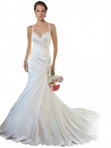 Affordable Sweetheart Mermaid Satin Beach Wedding Dress with Illusion Lace Back UK