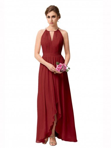 Affordable High Low Long Halter Keyhole Chiffon Bridesmaid Dress UK