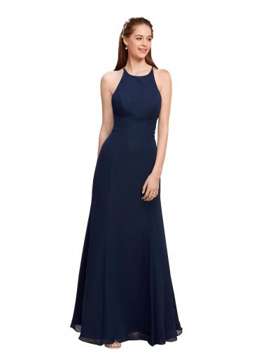 Affordable High Halter Fit and Flare Long Chiffon Bridesmaid Dress / Prom Dress with Criss Cross Low Back UK