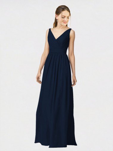 Affordable Long Chiffon Bridesmaid Dress with Shirred Bodice and V-Neckline UK