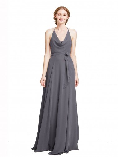 Affordable Spaghetti Strap Long Chiffon Bridesmaids Dress with Halter Cowl Neck UK