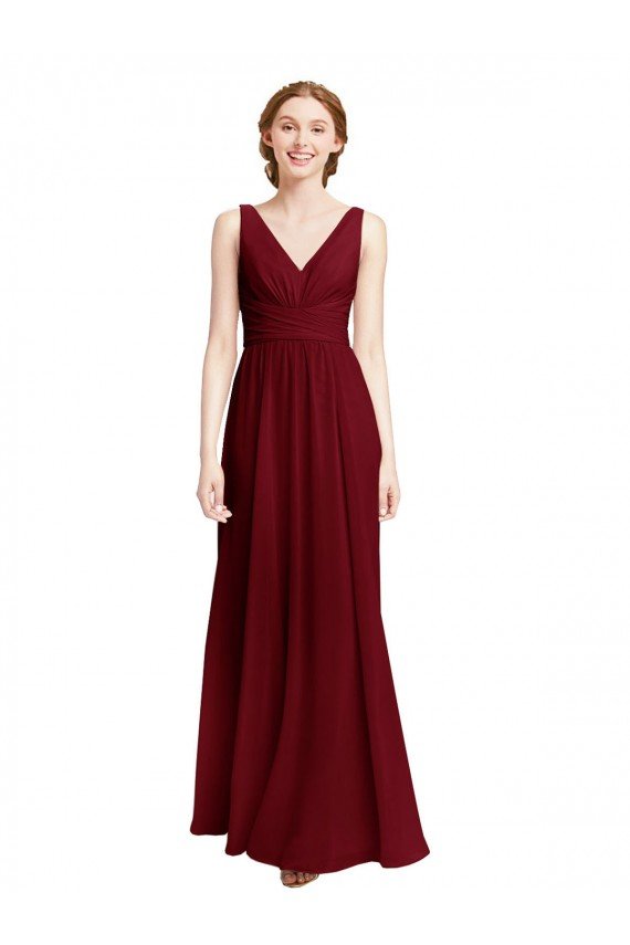 Affordable Long Chiffon V-Neck Bridesmaids Dress with Double Strap UK