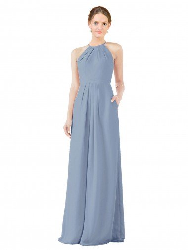 Affordable Fitted Long High Halter Neck Chiffon Bridesmaid Dress with Keyhole Back UK