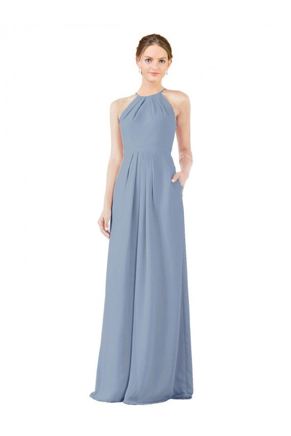 Affordable Fitted Long High Halter Neck Chiffon Bridesmaid Dress with Keyhole Back UK